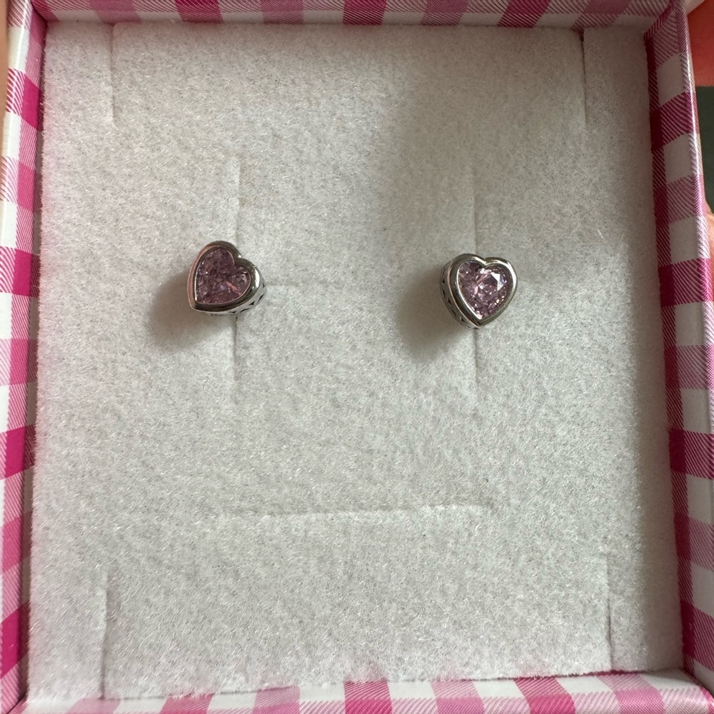 Kids Earrings pink CZ heart sterling silver